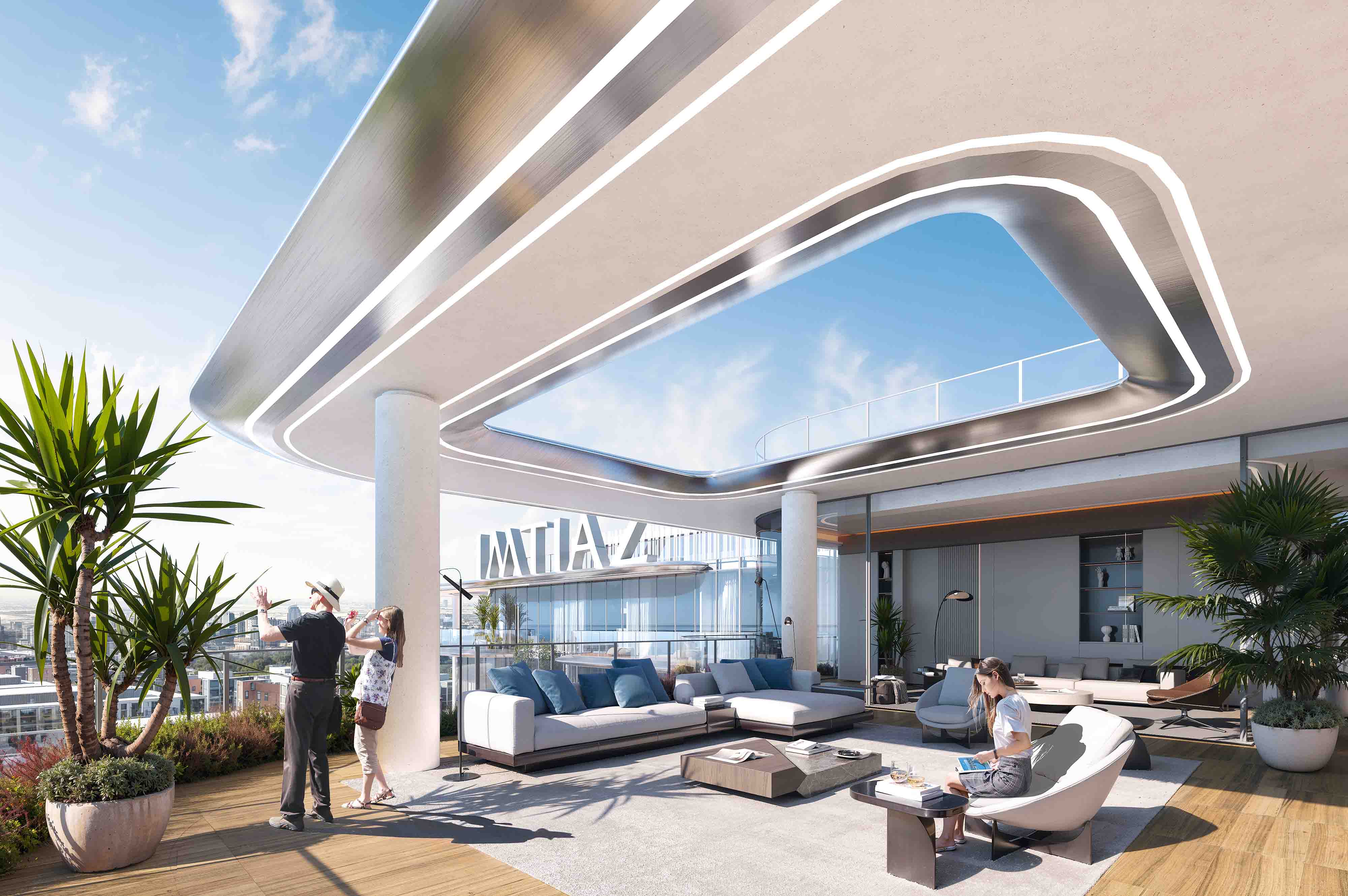 Cotier House 2 By Imtiaz A modern rooftop terrace with lush plants, stylish furniture, and people enjoying the view and atmosphere.